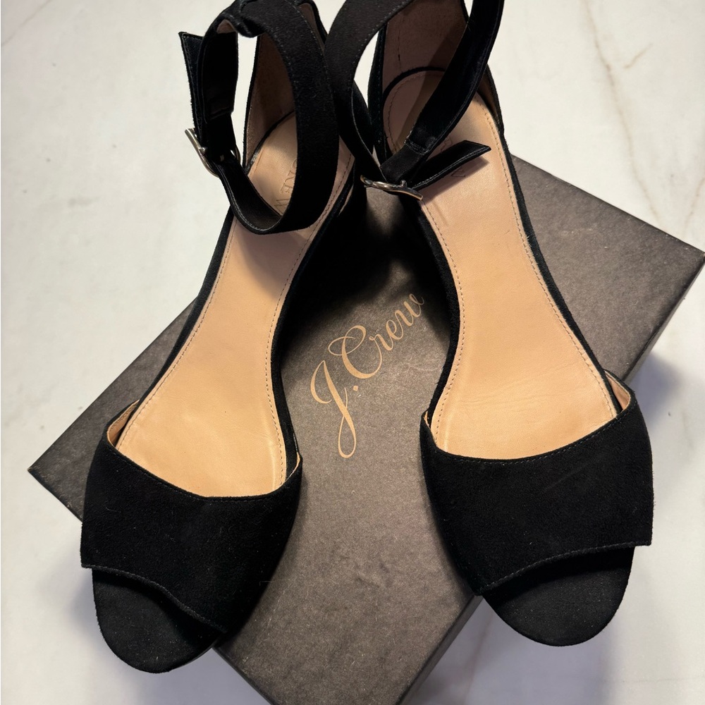 J. Crew Black Suede Open-Toe Ankle Strap Heels